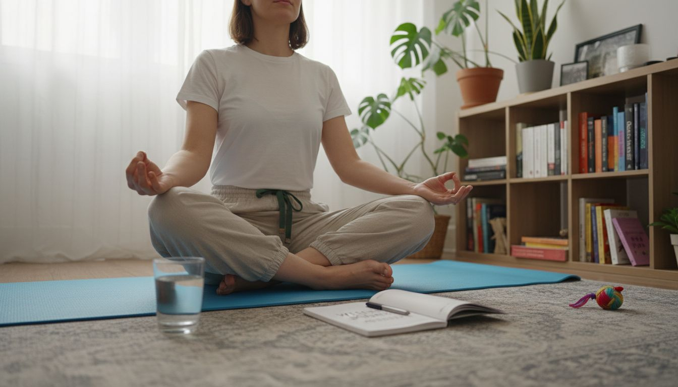 Woman meditating during holistic recovery at home