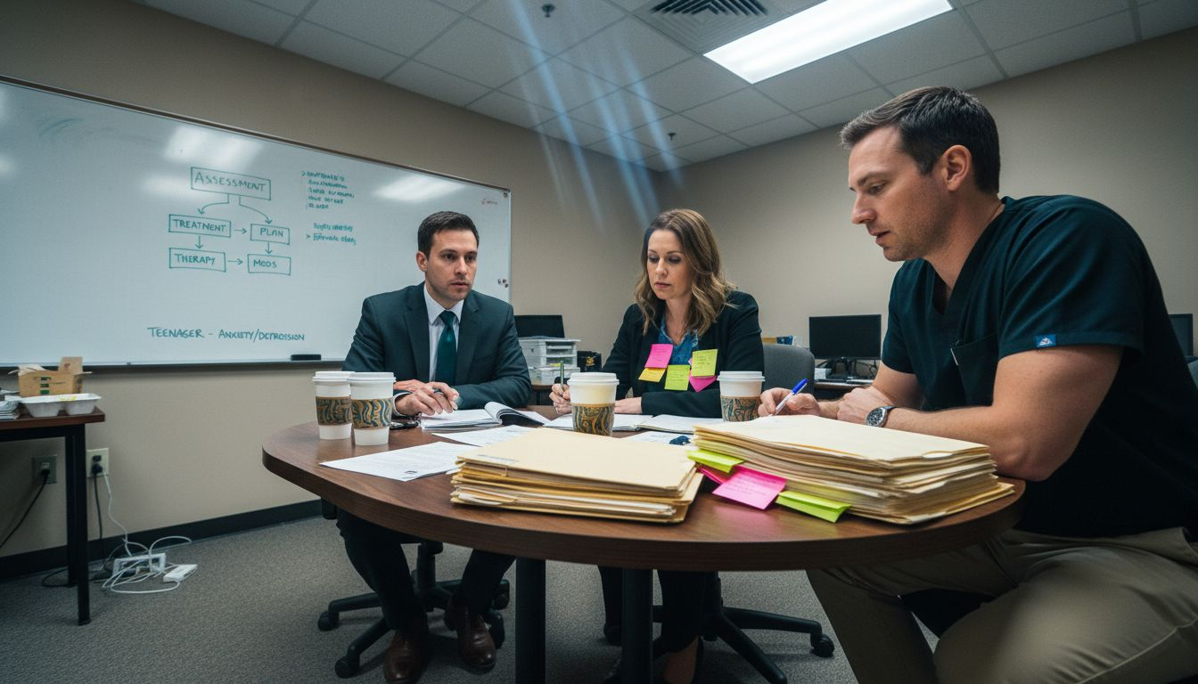 Team discussing teen addiction treatment plan