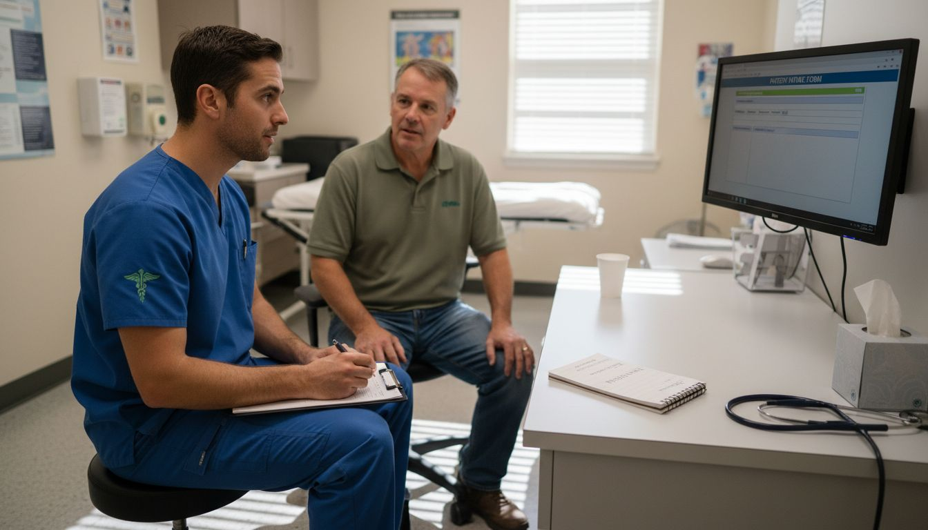 Nurse assessing patient in outpatient clinic room