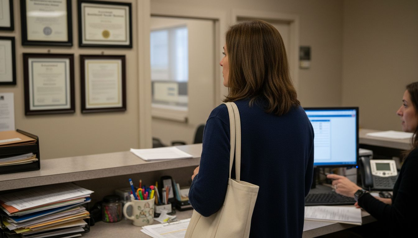 Patient viewing clinic accreditation at reception