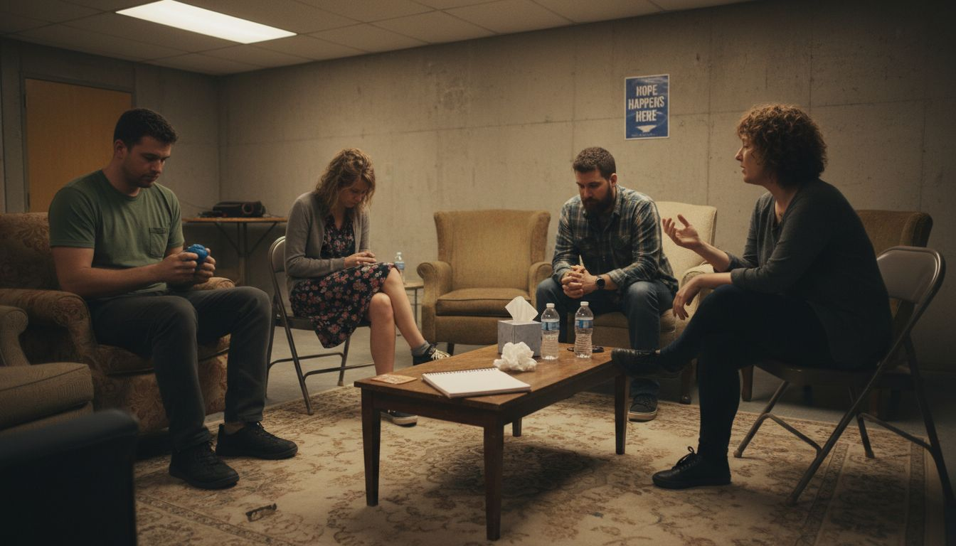 Group therapy participants in basement recovery room