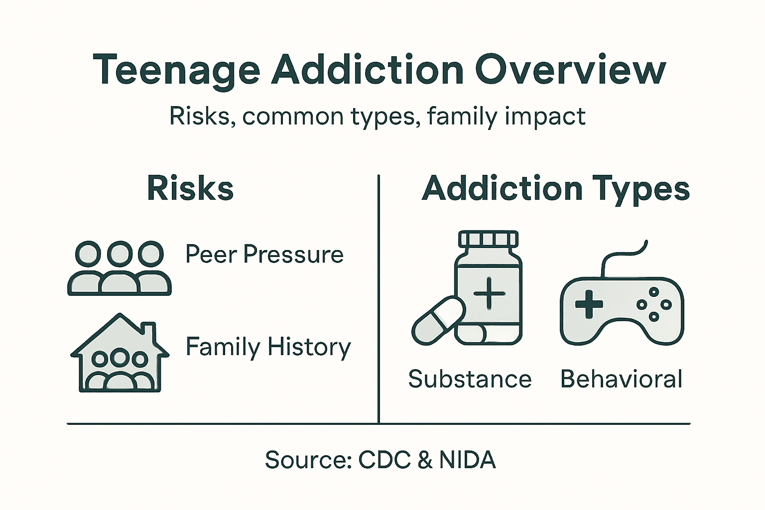 Infographic overview of teen addiction risks and types