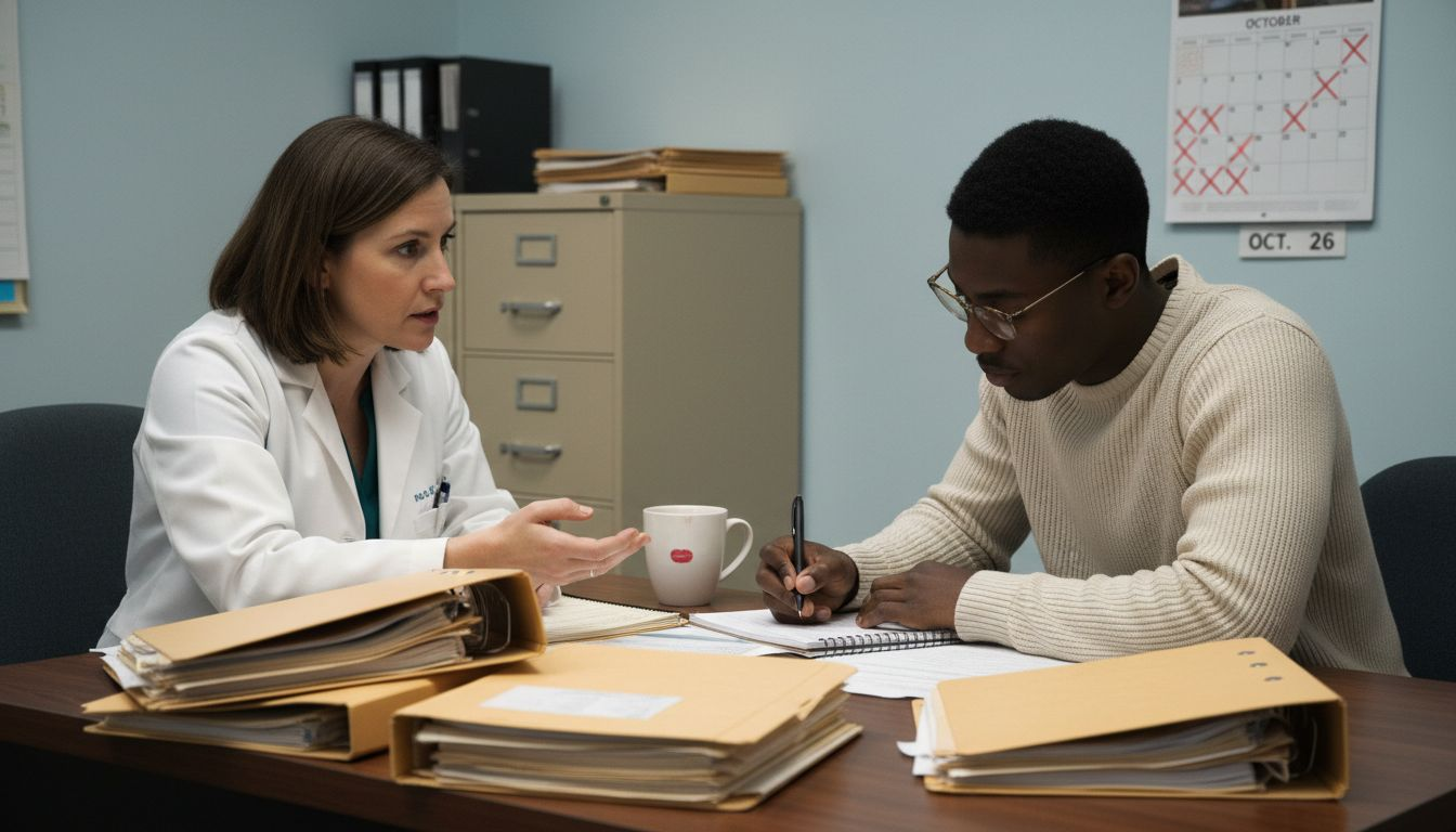 Professionals consulting in clinic office setting