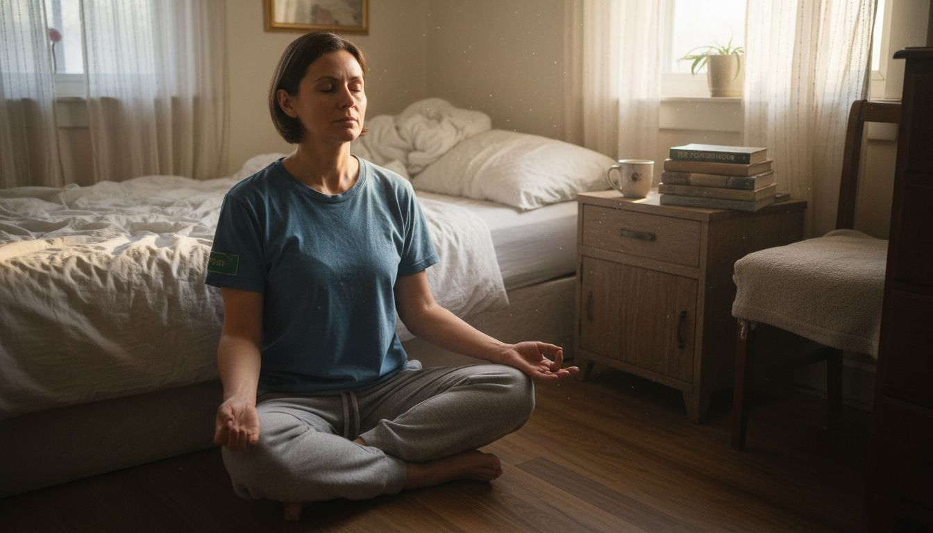Woman meditating in bedroom with sunlight