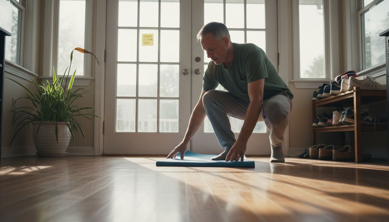 Man arranging yoga mat in peaceful sunroom