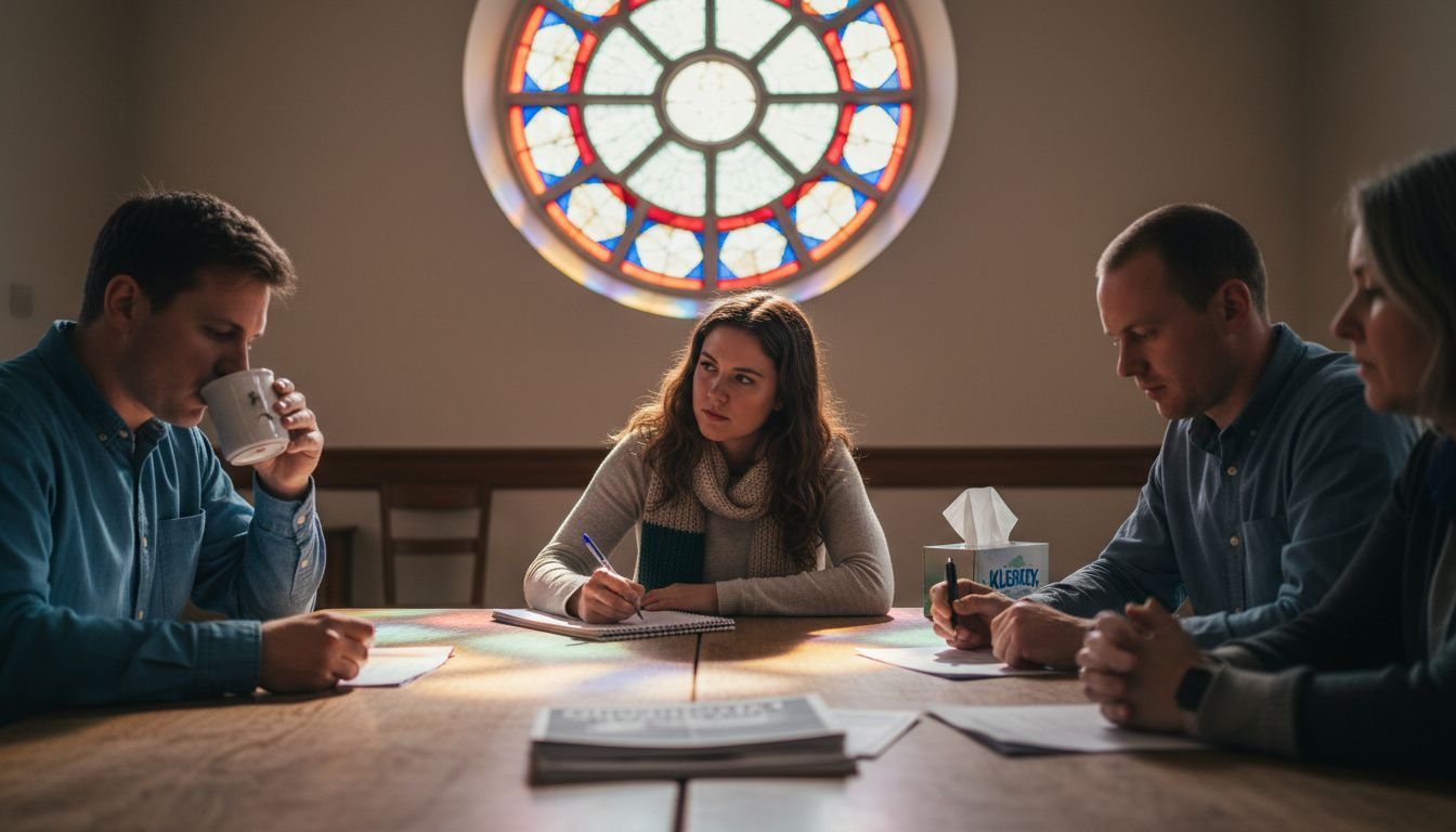 Recovery group members listening and taking notes