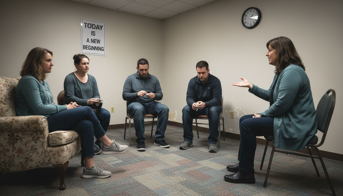 Group therapy session in clinic room