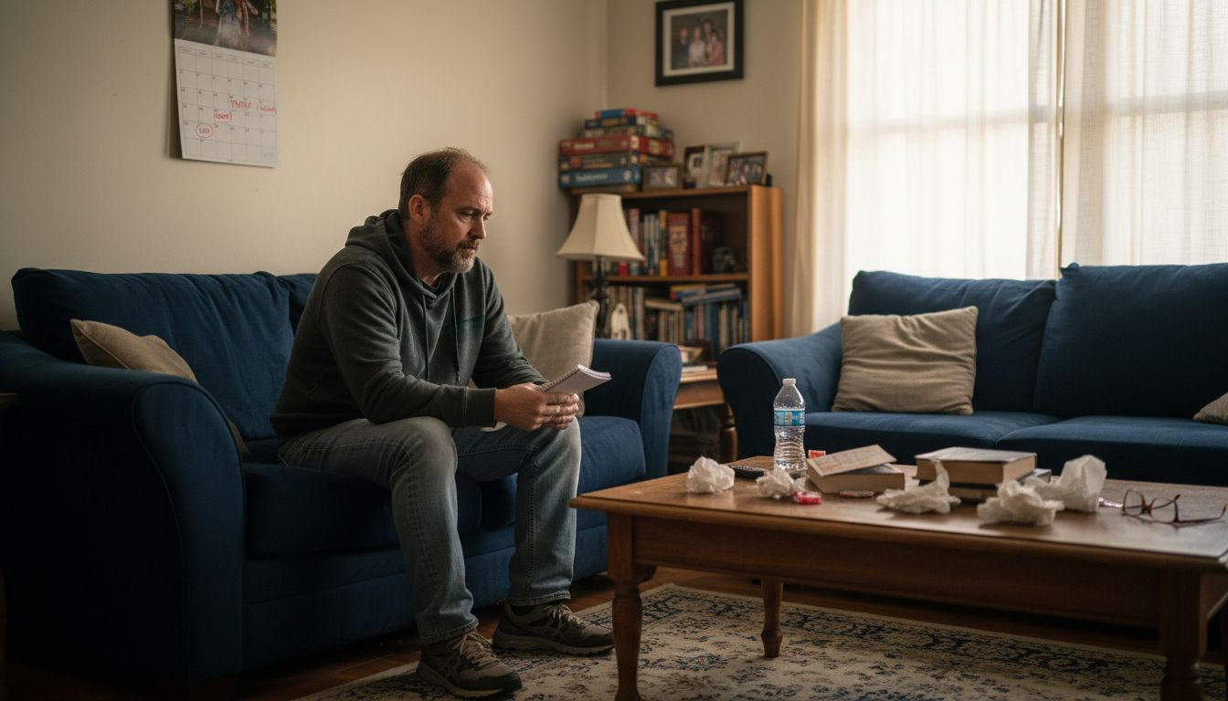 Man reflecting in home therapy setting