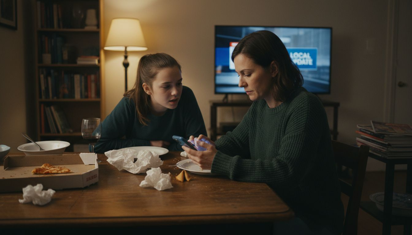 Woman distracted at cluttered dinner table