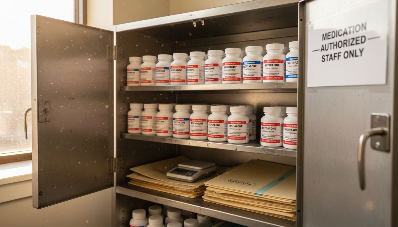 Clinic medication cabinet with labeled bottles