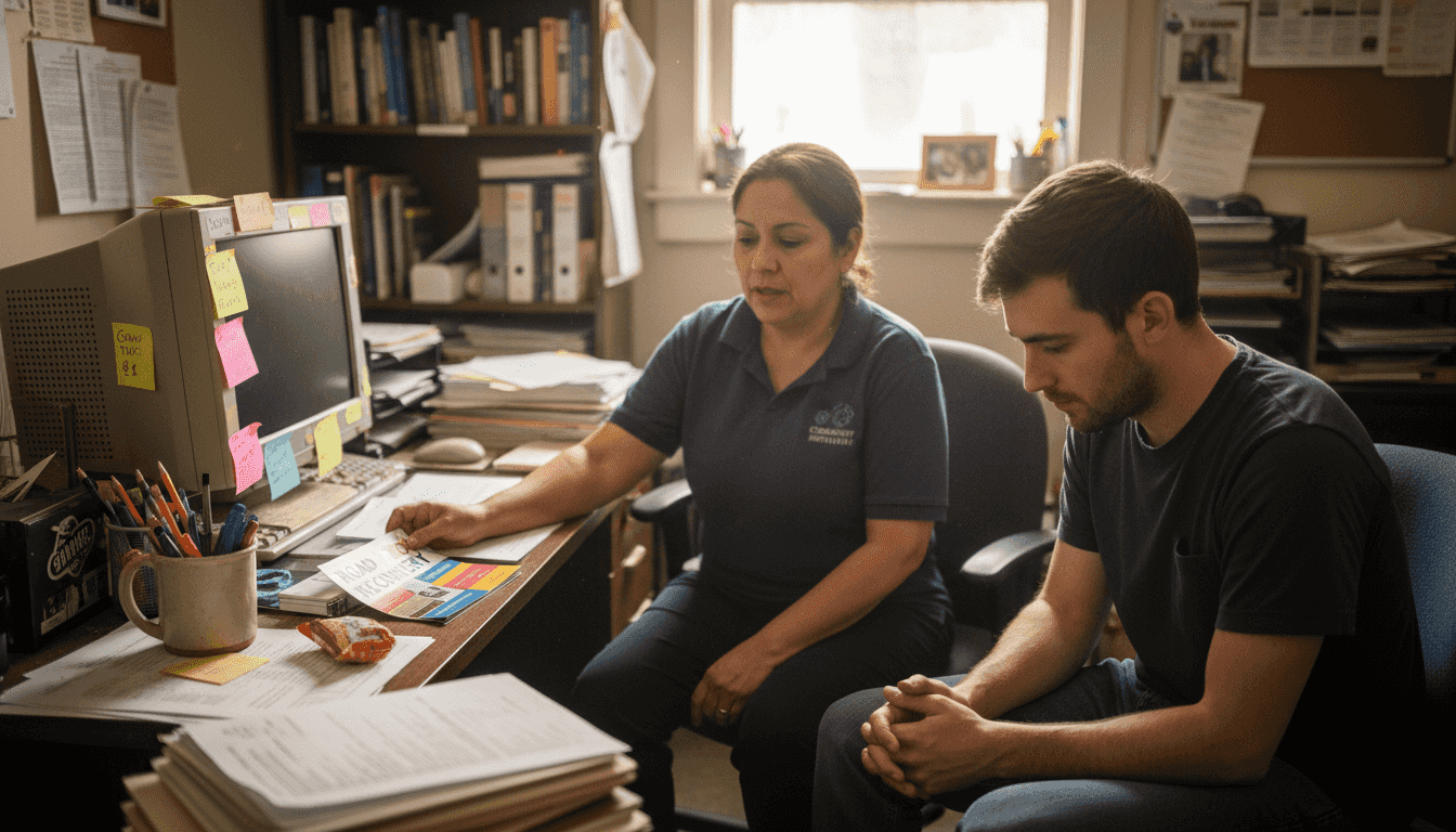 Peer specialist supporting client in rehab office