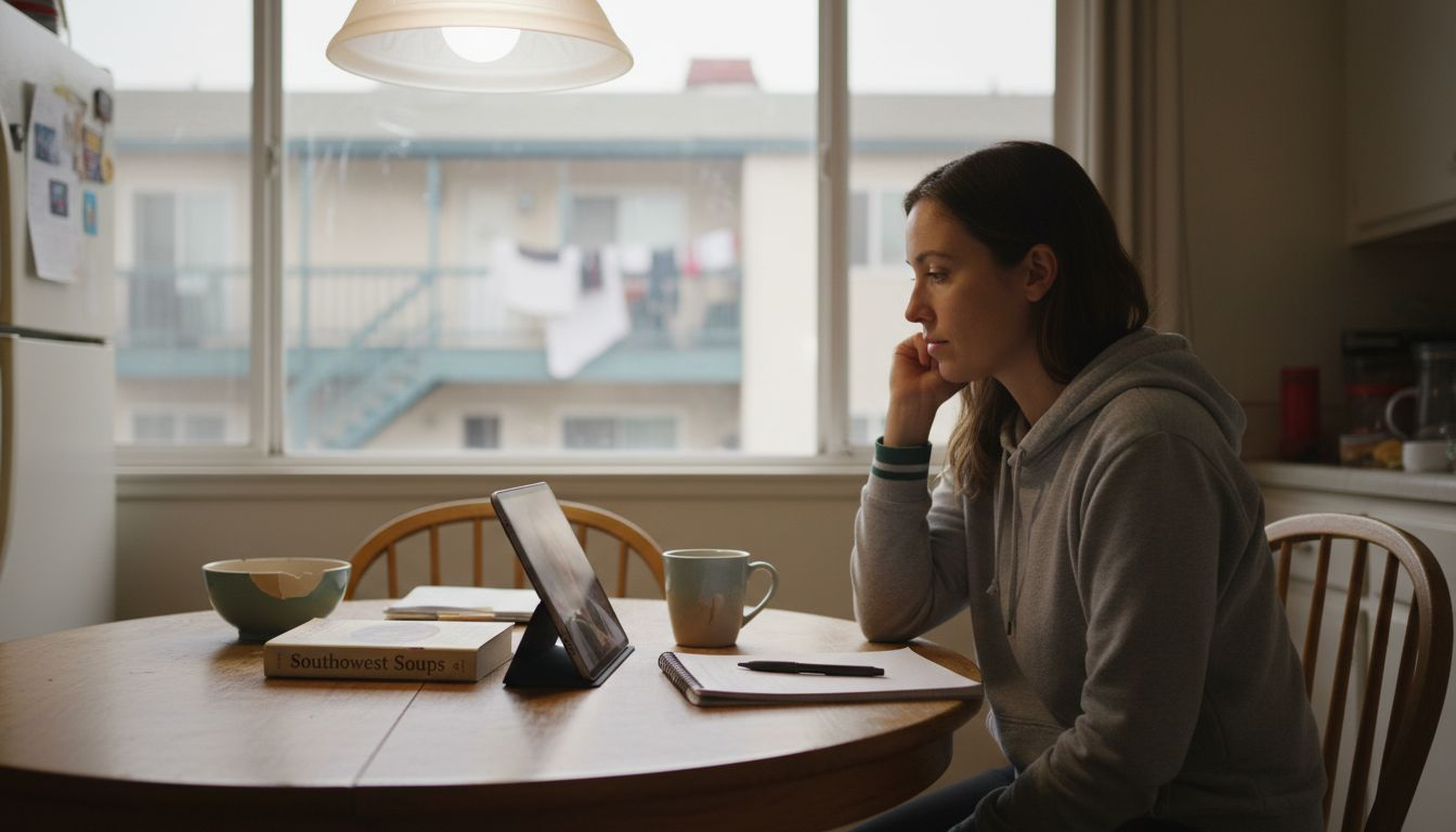 Woman attends telehealth aftercare session at home