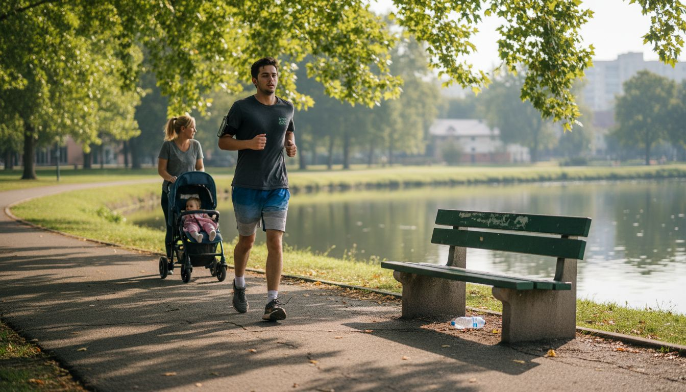 Man jogging in city park morning routine
