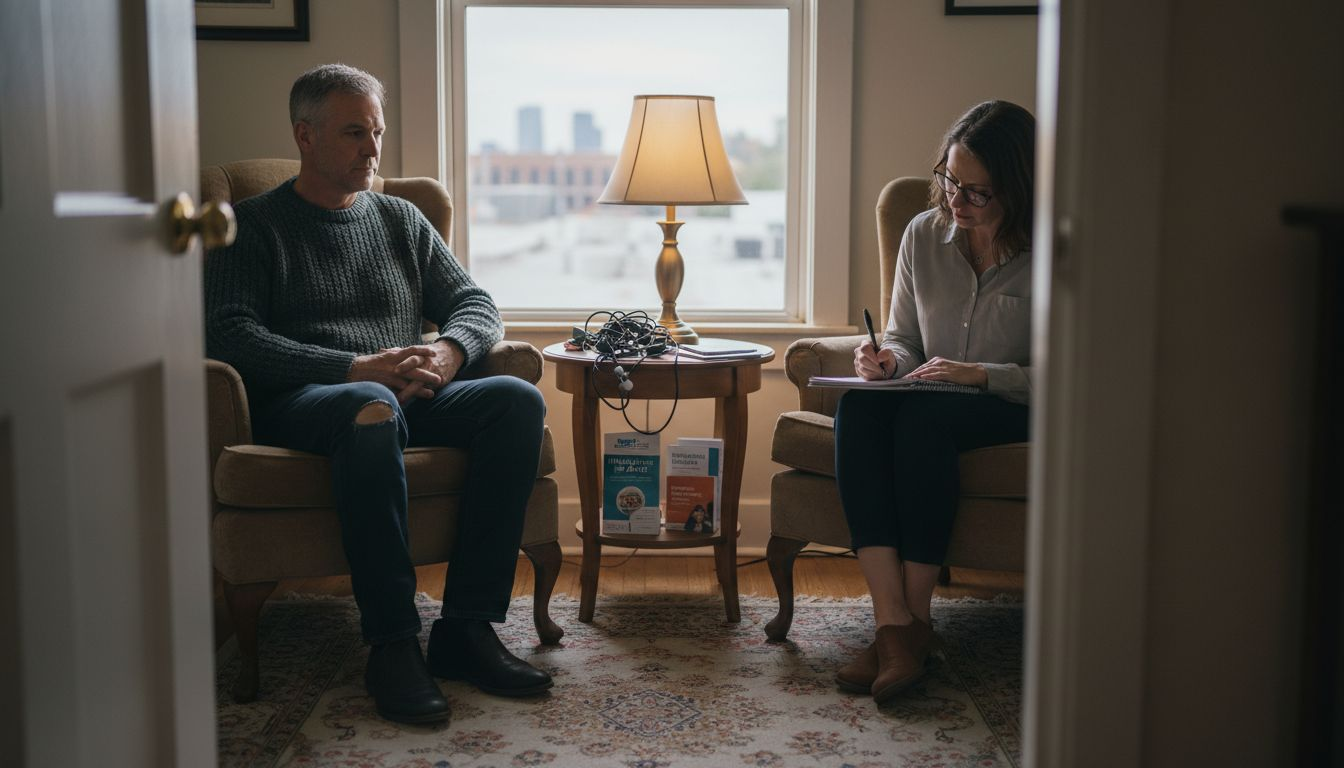 Clinician counseling client on aftercare and mental health