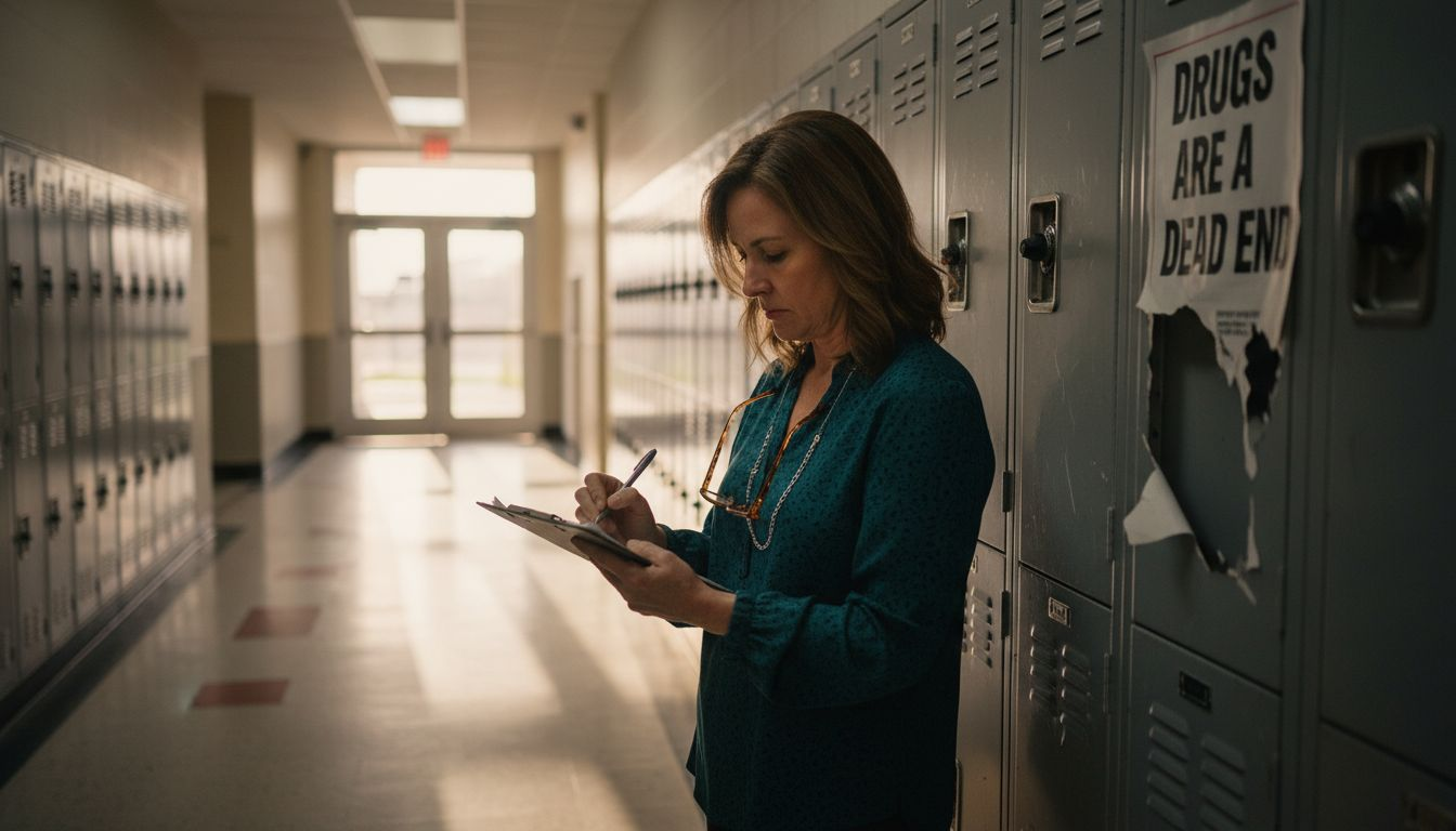 School counselor taking notes in empty hallway