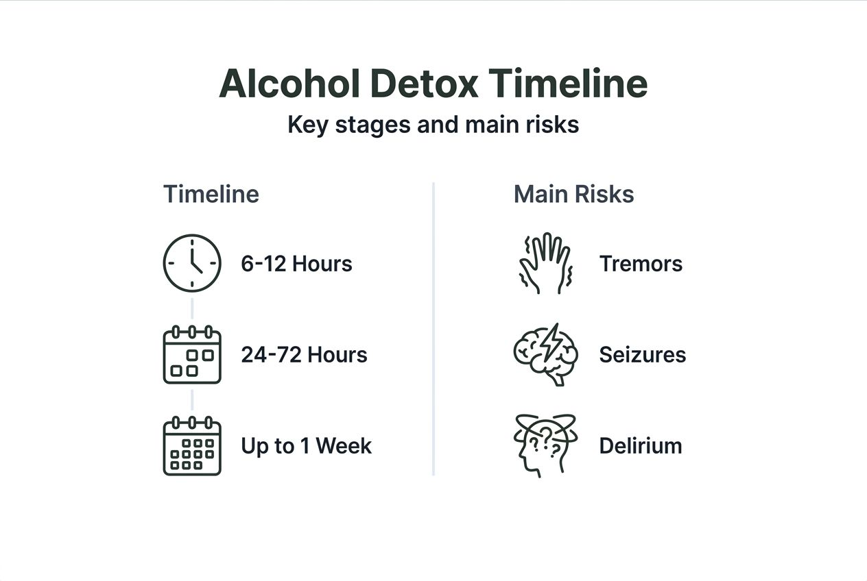 Alcohol detox timeline infographic with key risks