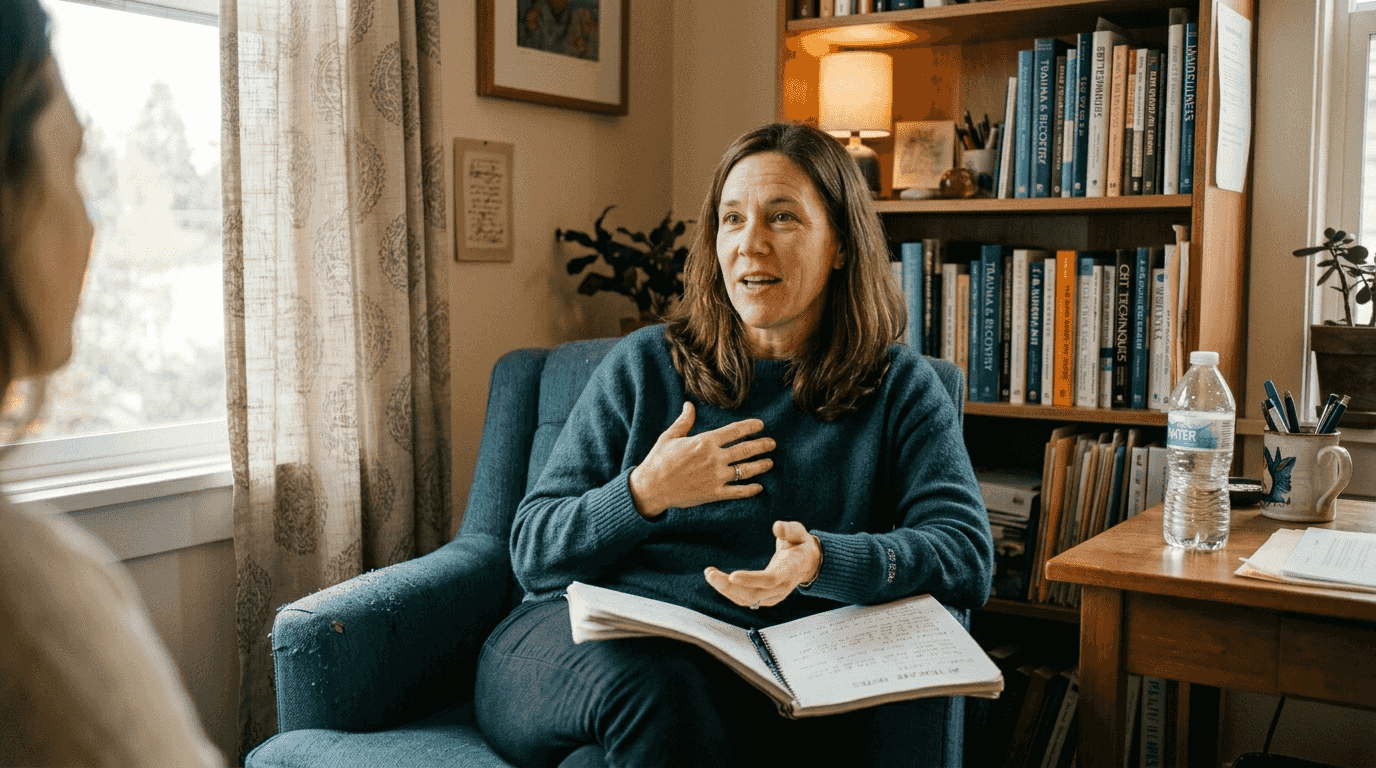 Woman in aftercare therapy session for recovery