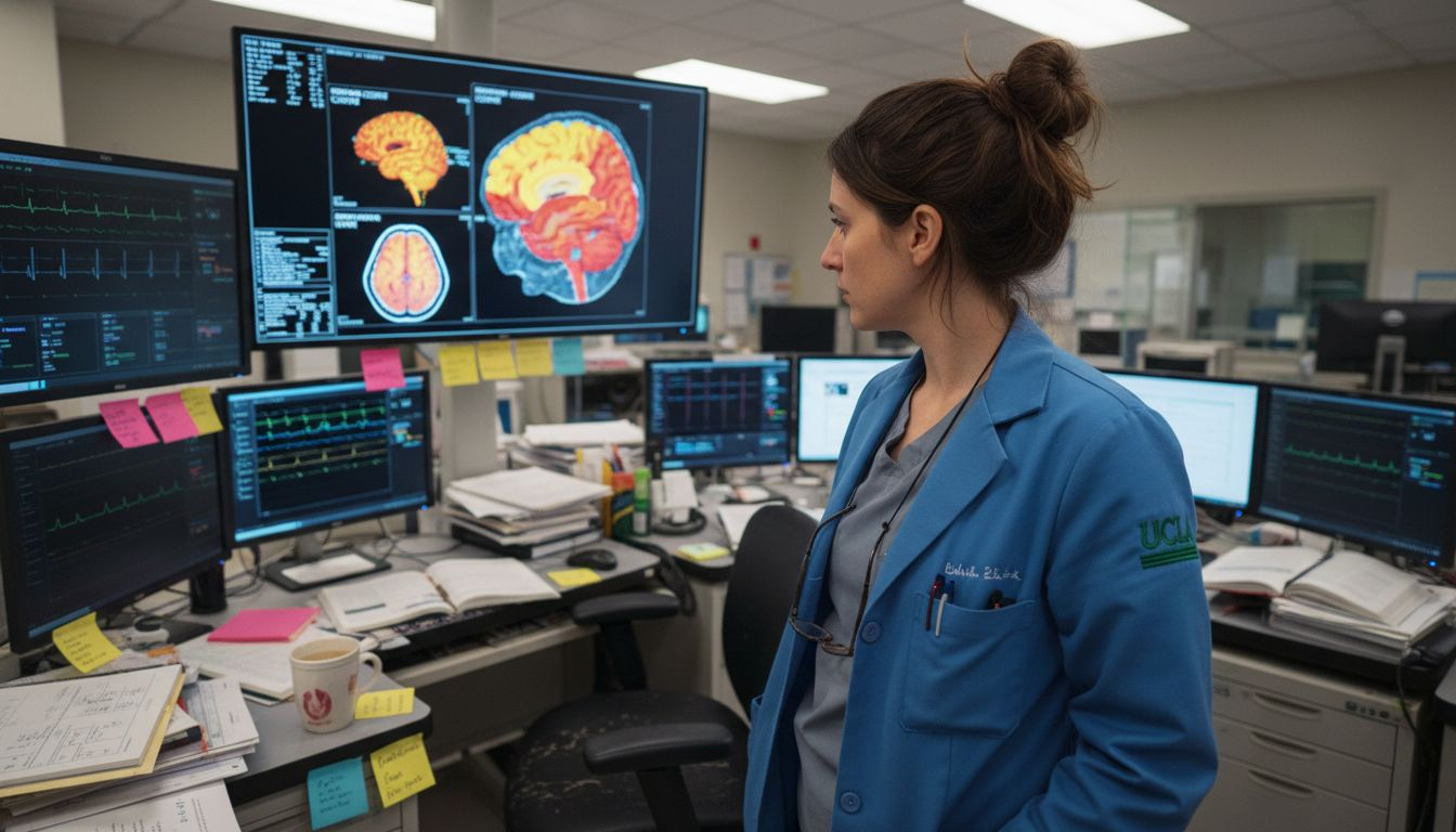 Neuroscientist reviewing brain scan of patient