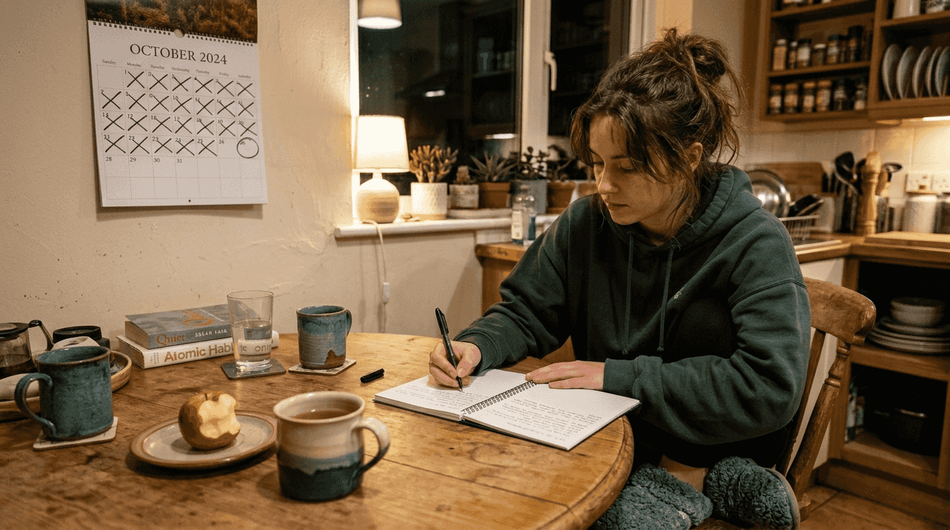 Woman journaling mindfulness in cozy kitchen