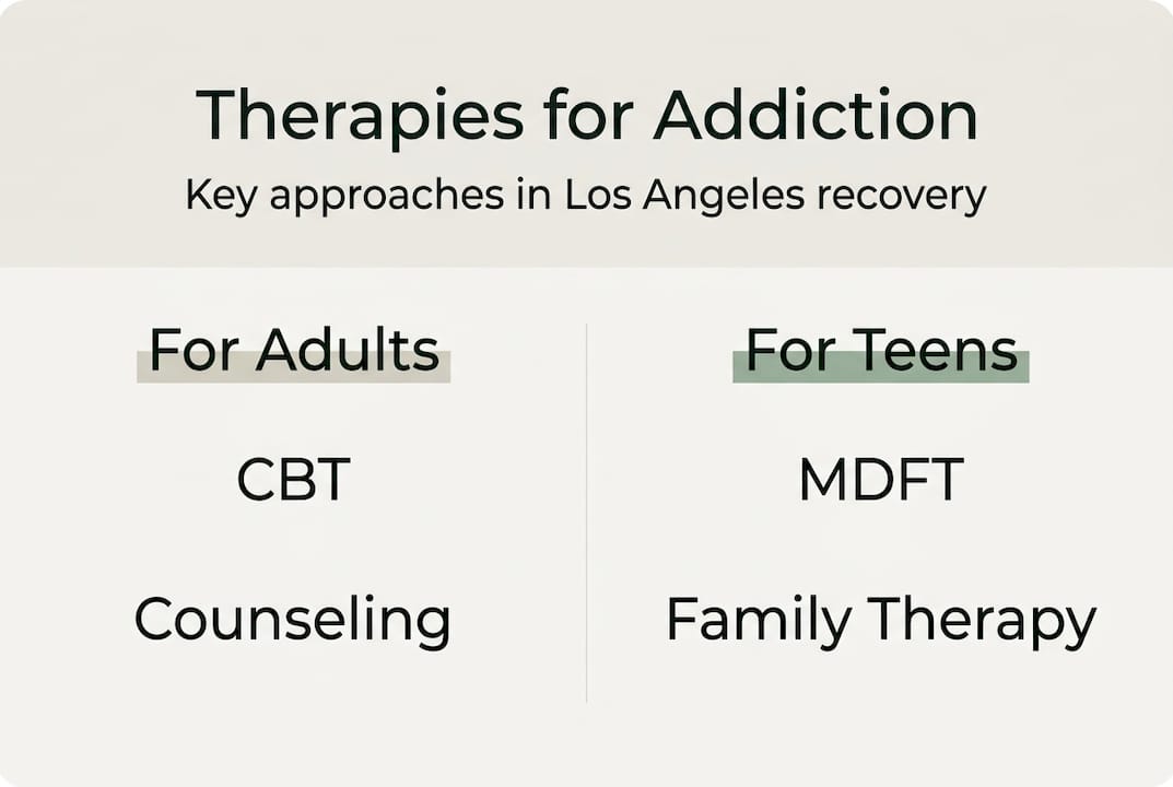 Infographic comparing addiction therapies for adults and teens