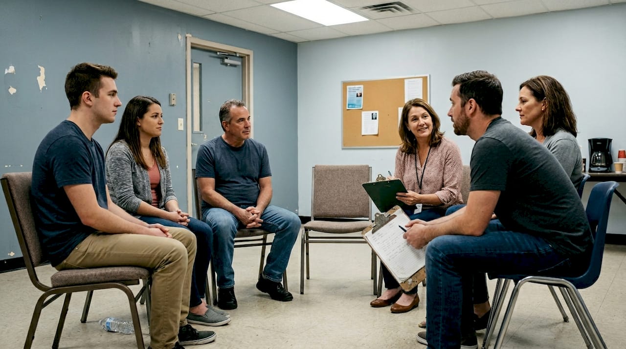 Addiction recovery group session in progress