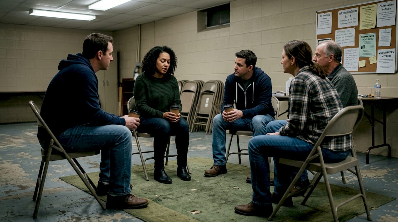 Support group meeting for sobriety recovery