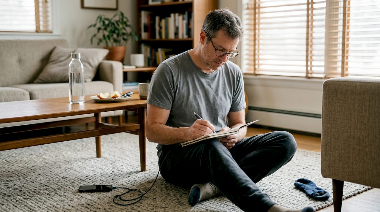 Man journaling self-care routine in living room