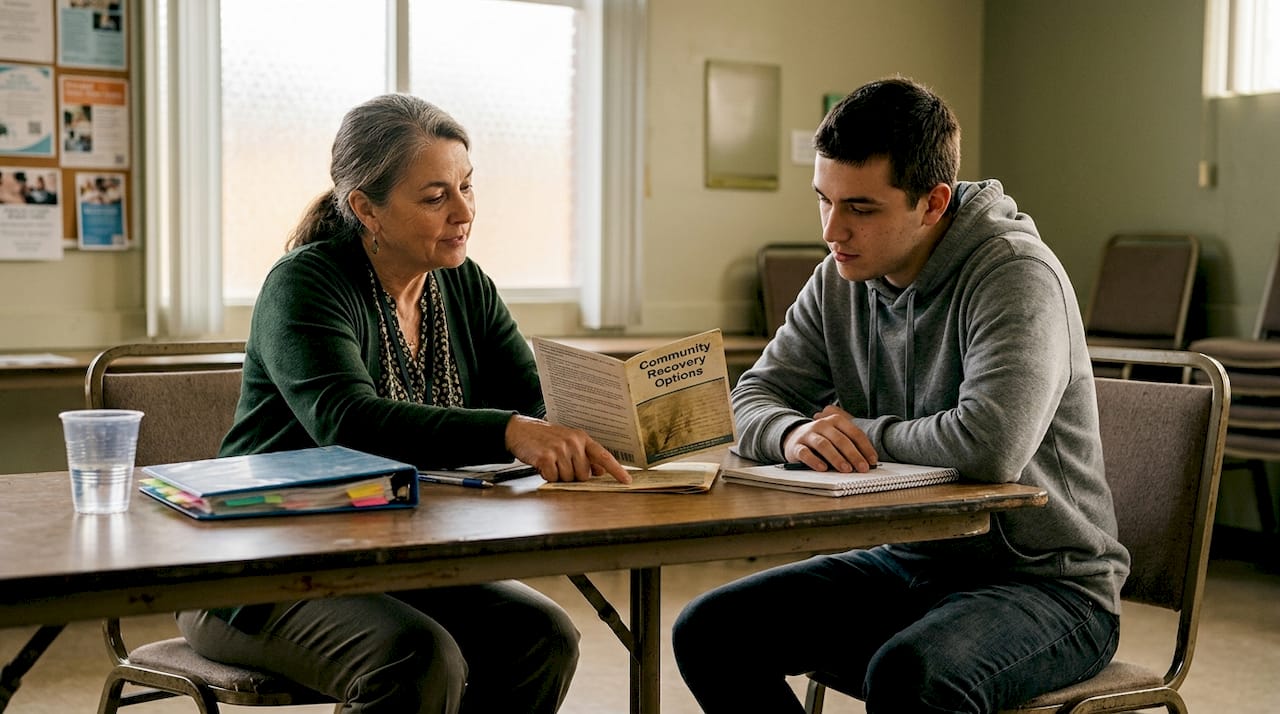 Social worker discussing rehab program options