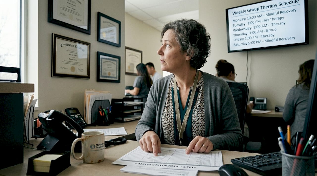 Administrator checking rehab staff credentials