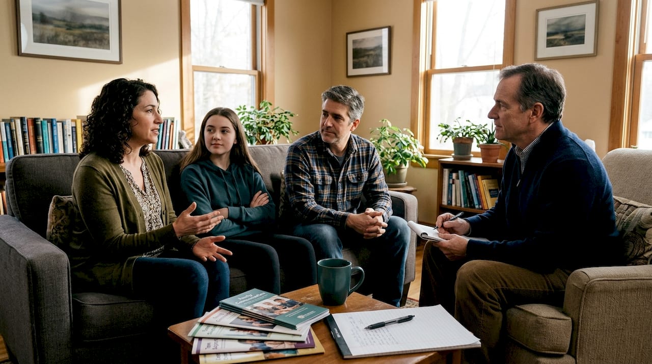 Family discussing with therapist in office