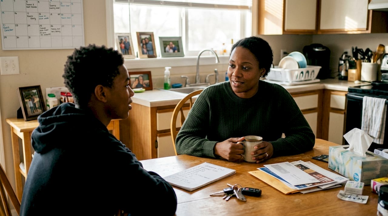 Mother and teen talk at kitchen table