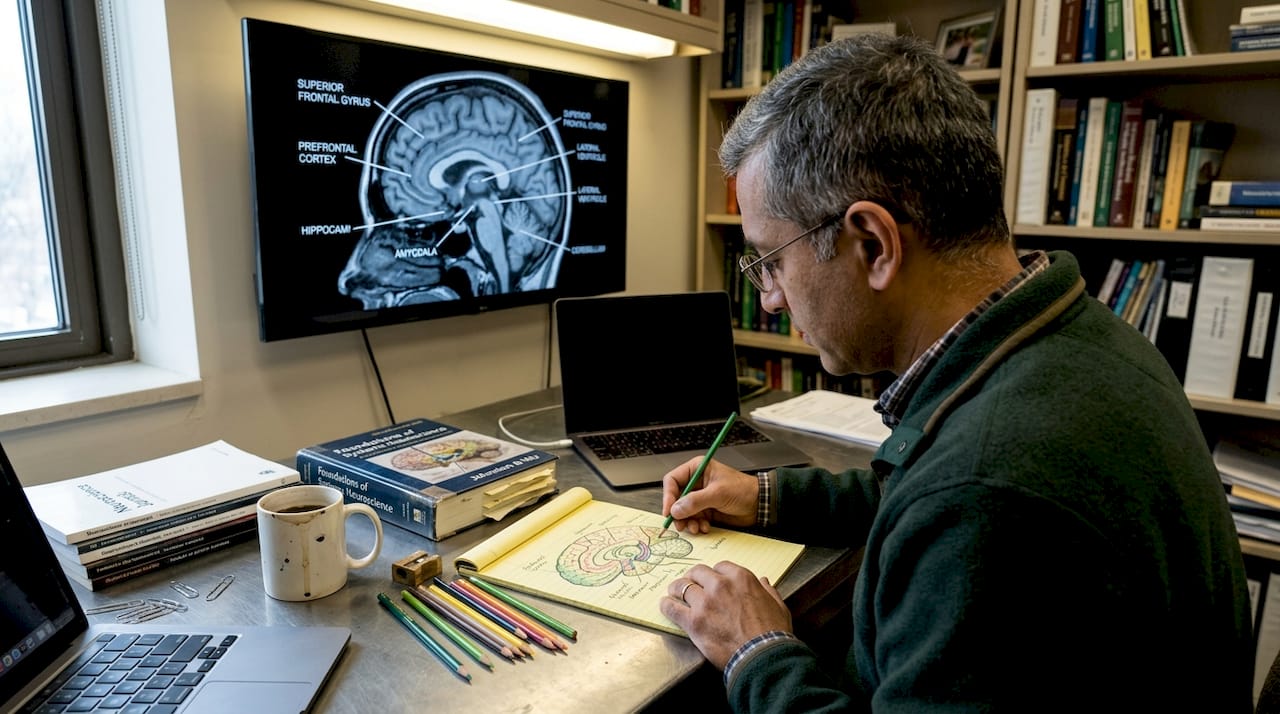 Scientist drawing brain diagram at office desk