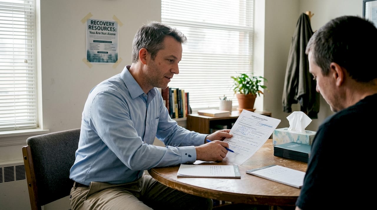 Clinician reviewing ASAM form with client