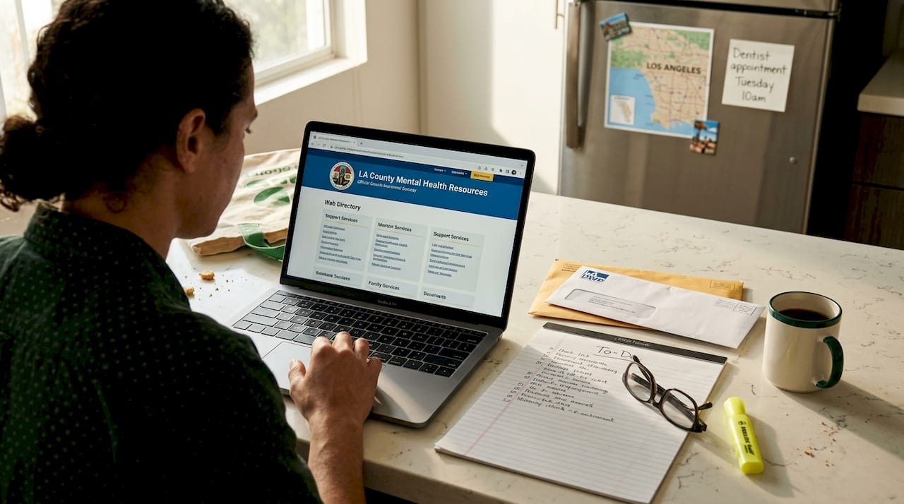 Laptop shows LA mental health resources directory