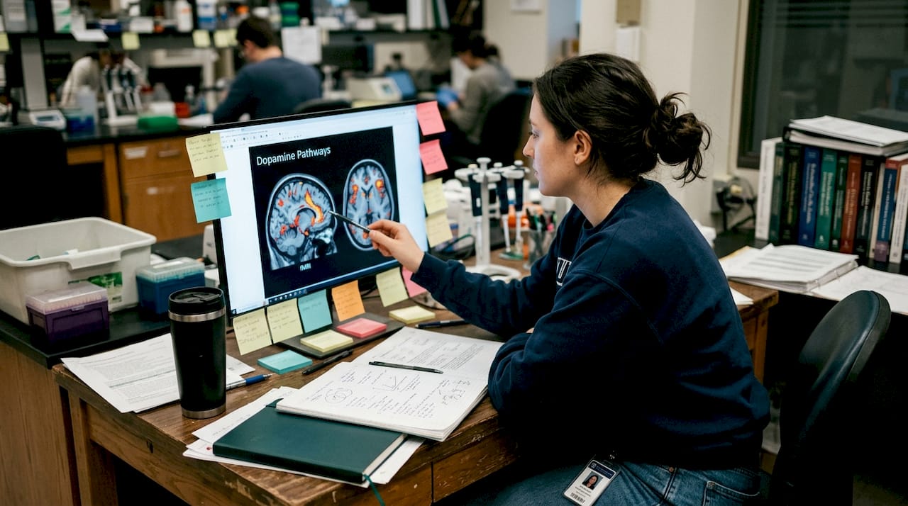 Student reviews dopamine brain scans in lab