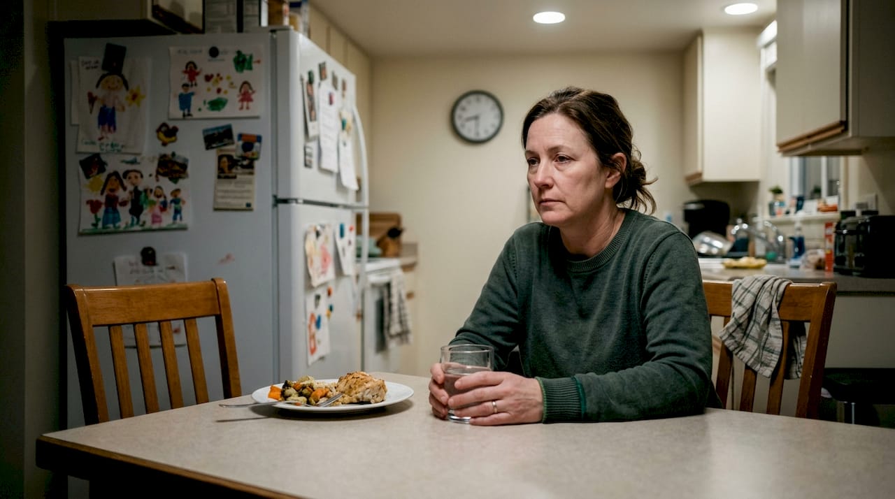 Mother sits alone at kitchen table in silence