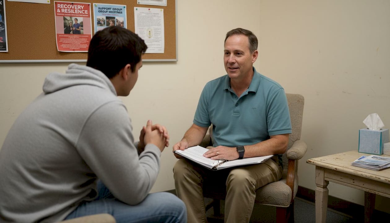 Counselor meets client in community center office