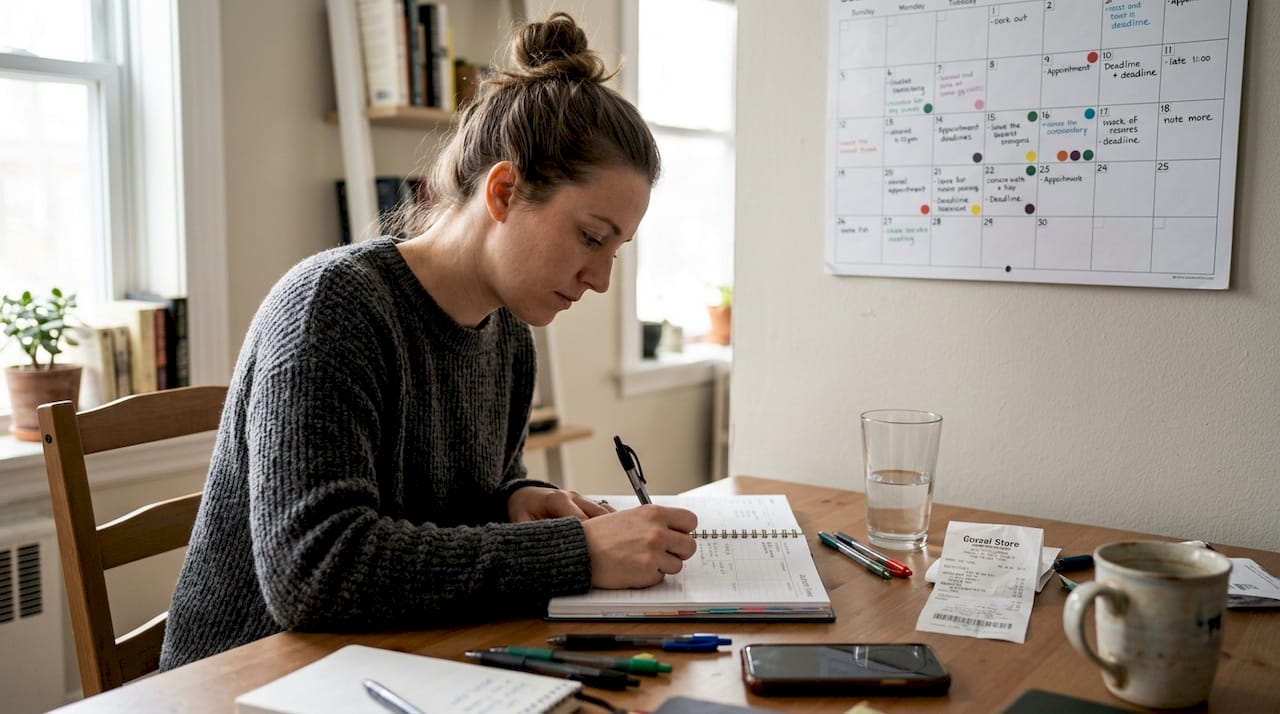 Woman planning weekly schedule at home table