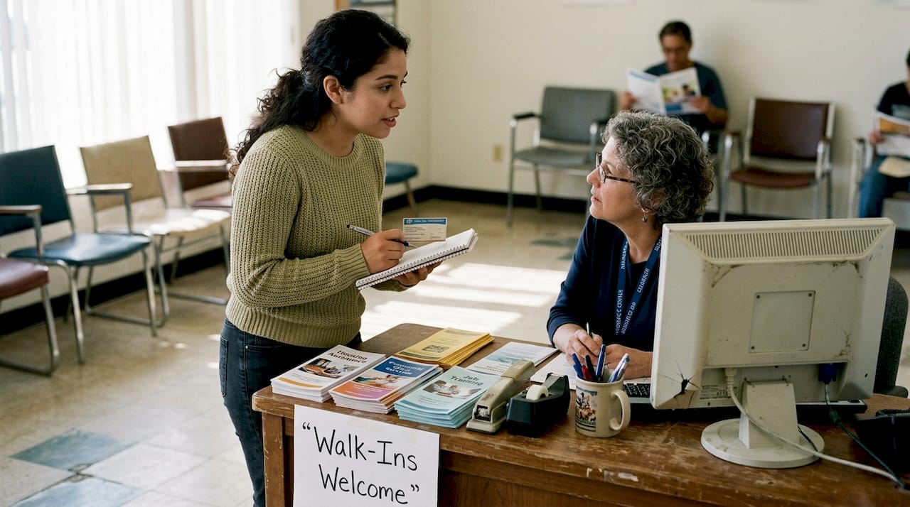 Woman seeking help at LA resource desk