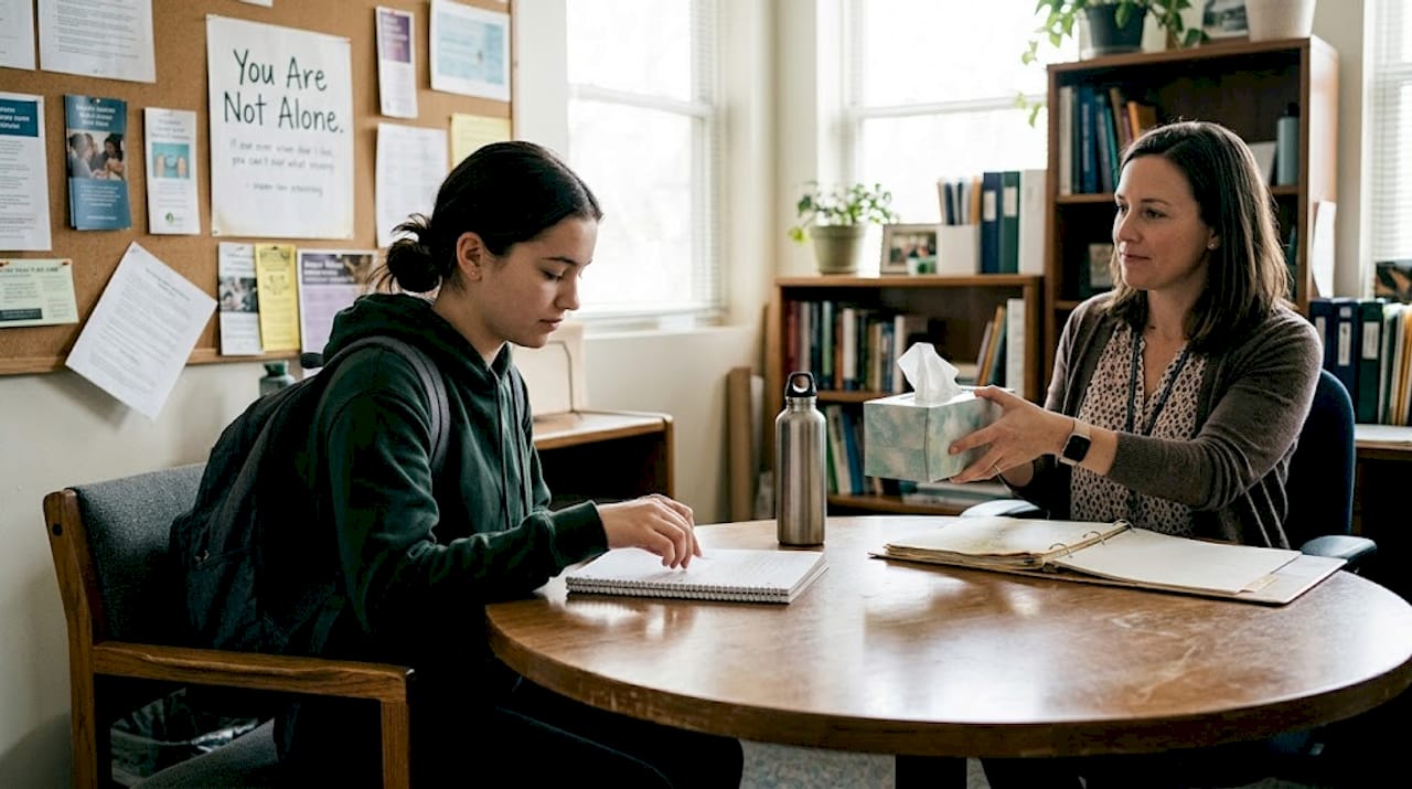 Teen meets with school counselor for support