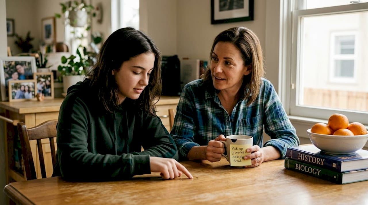 Mother and teen discussing at kitchen table