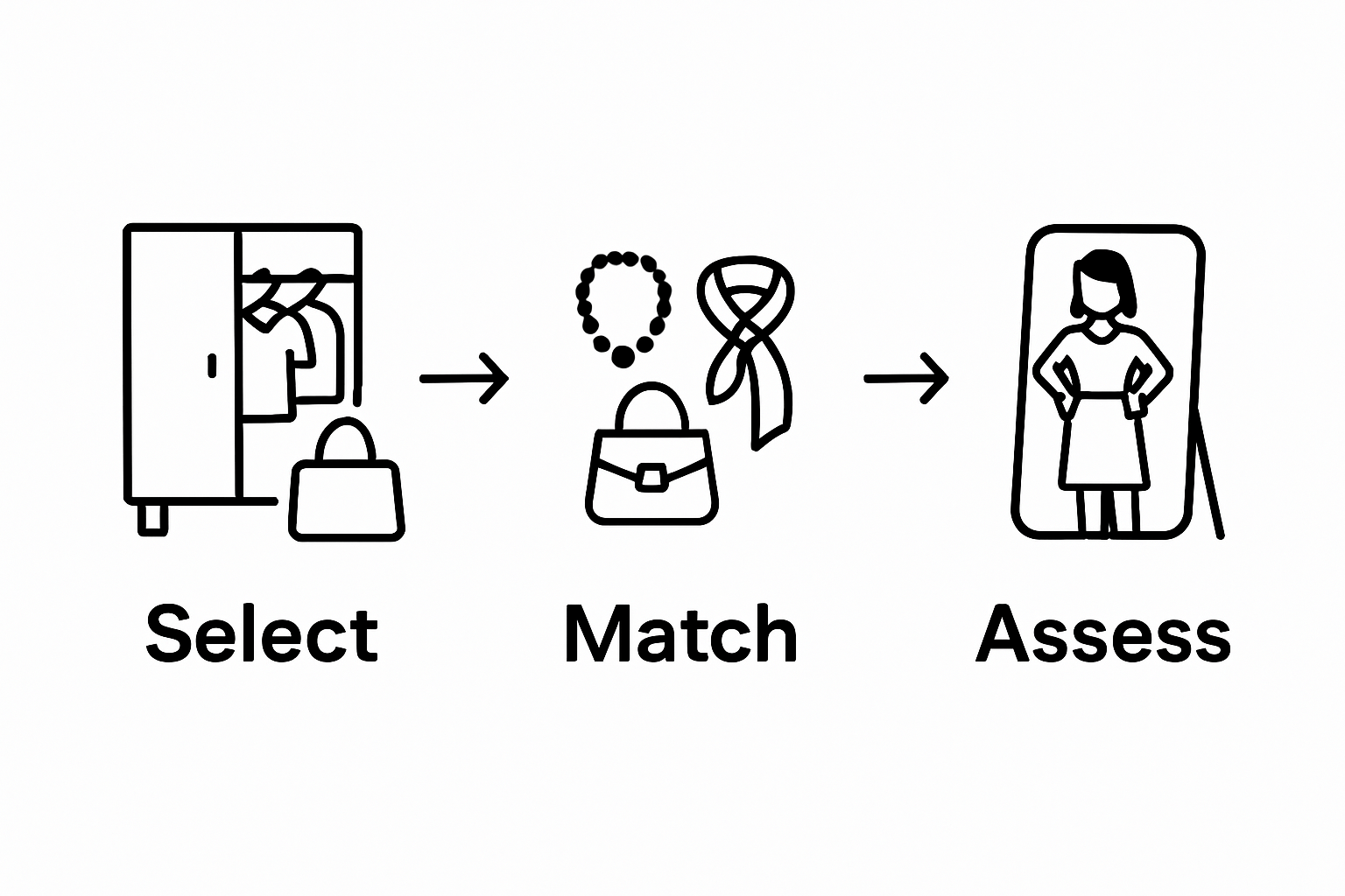 Three-step infographic: select cork bag, match accessories, assess outfit