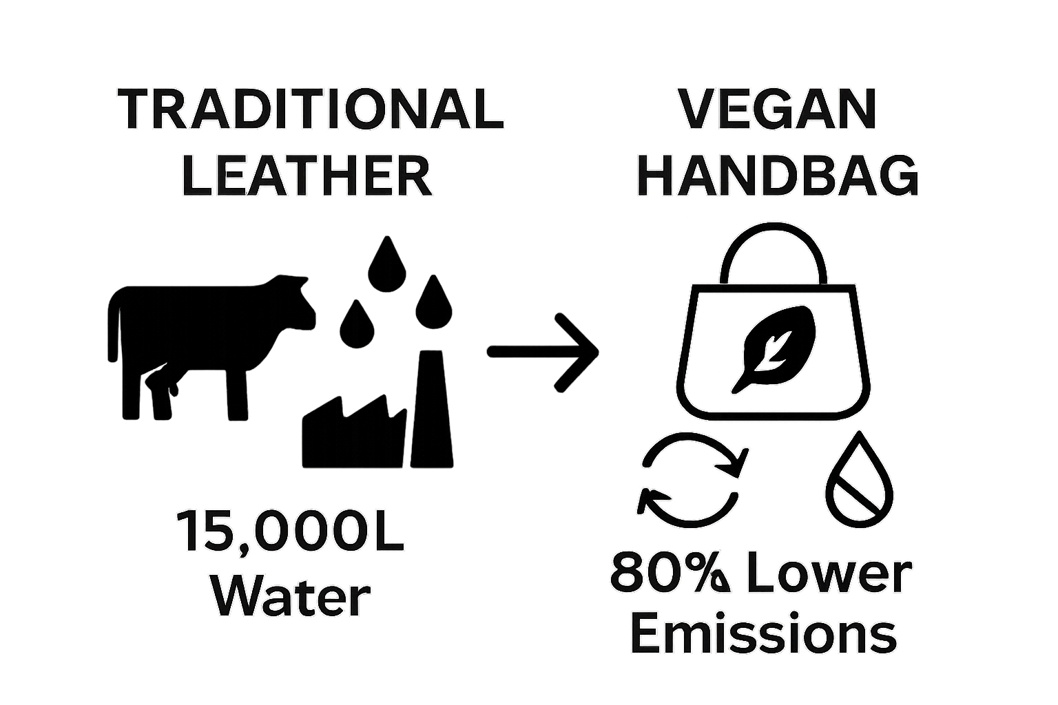 Infographic comparing environmental impact of leather vs vegan handbags