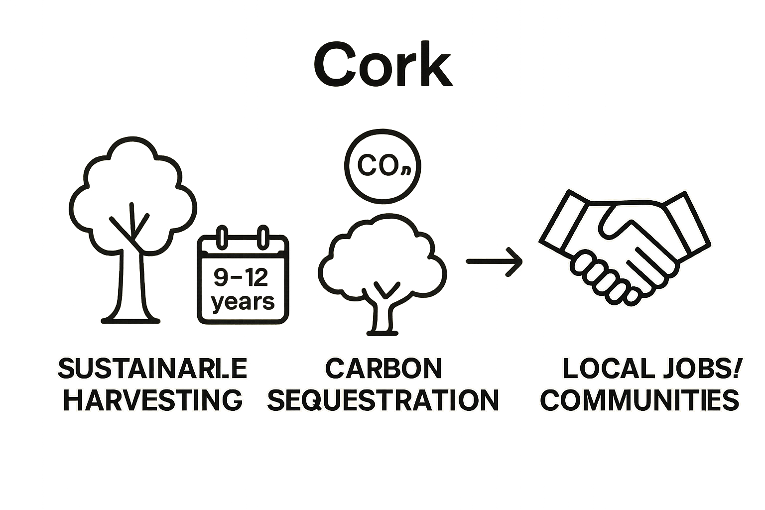 Infographic showing cork harvesting, carbon capture, and community benefits