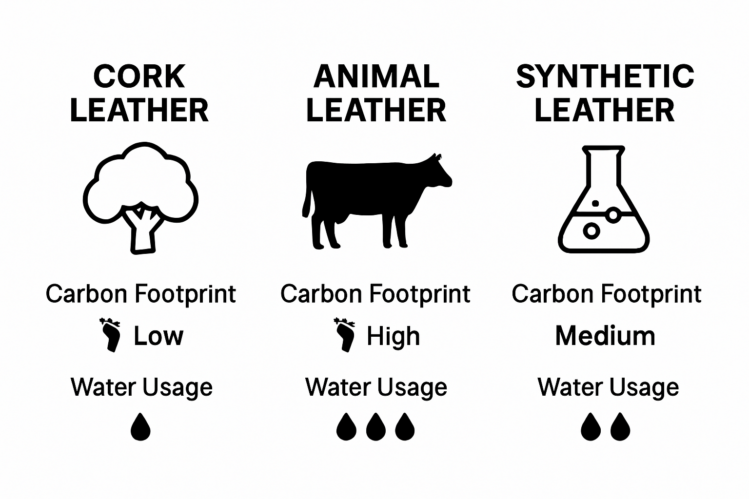 Infographic comparing cork, animal, and synthetic leather on water and carbon use