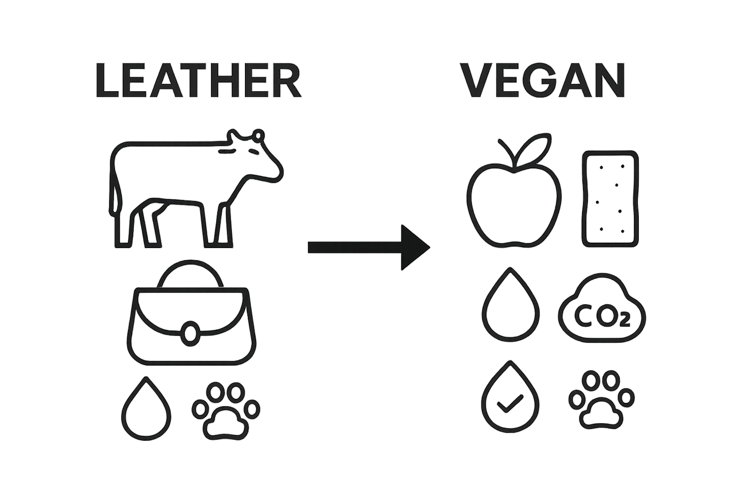 Simple comparison infographic of traditional vs vegan purse environmental impact