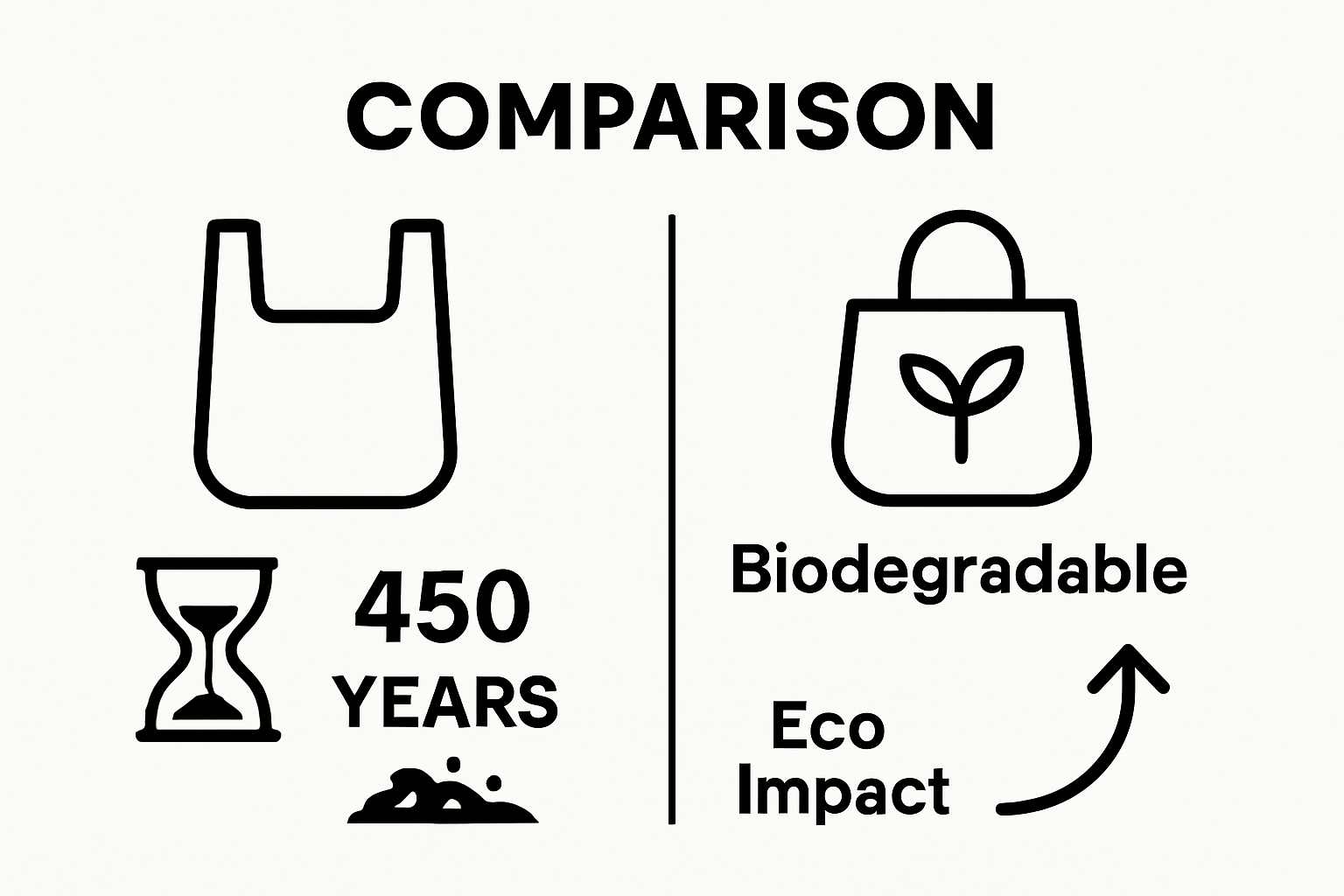 Infographic comparing decomposition time and eco impact of conventional and sustainable bags