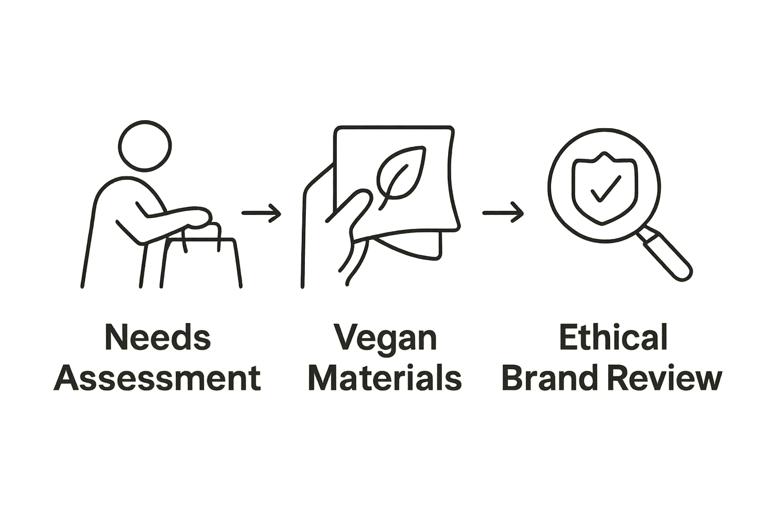 Visual workflow of vegan bag buying steps: needs, material, brand.