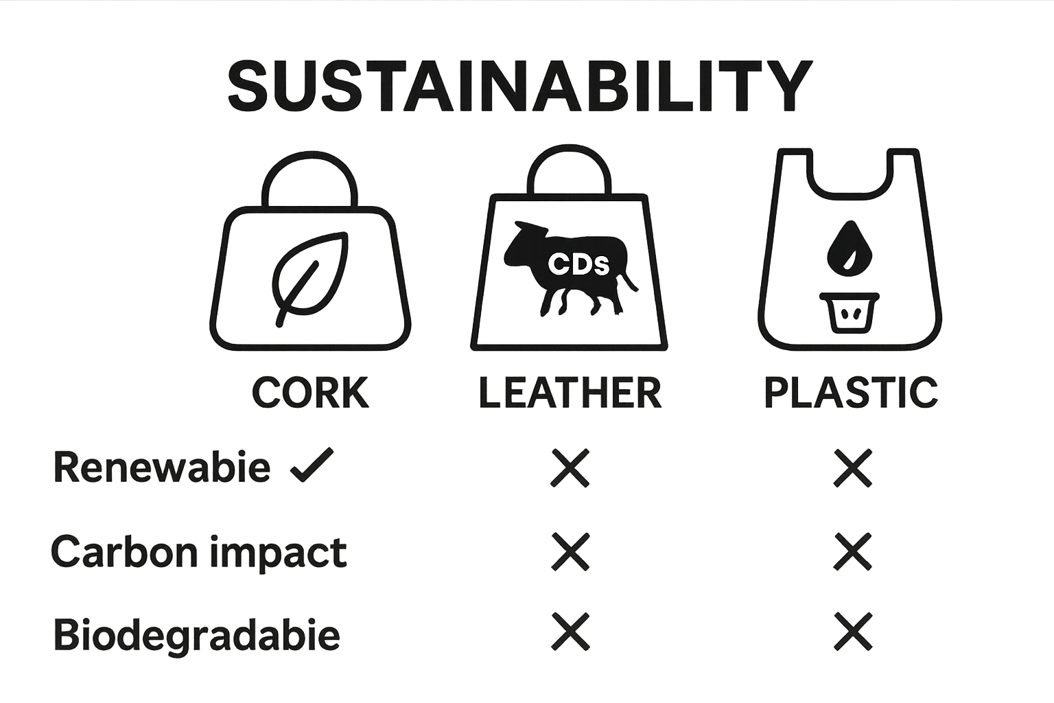 Infographic comparing cork, leather, and plastic bags' sustainability
