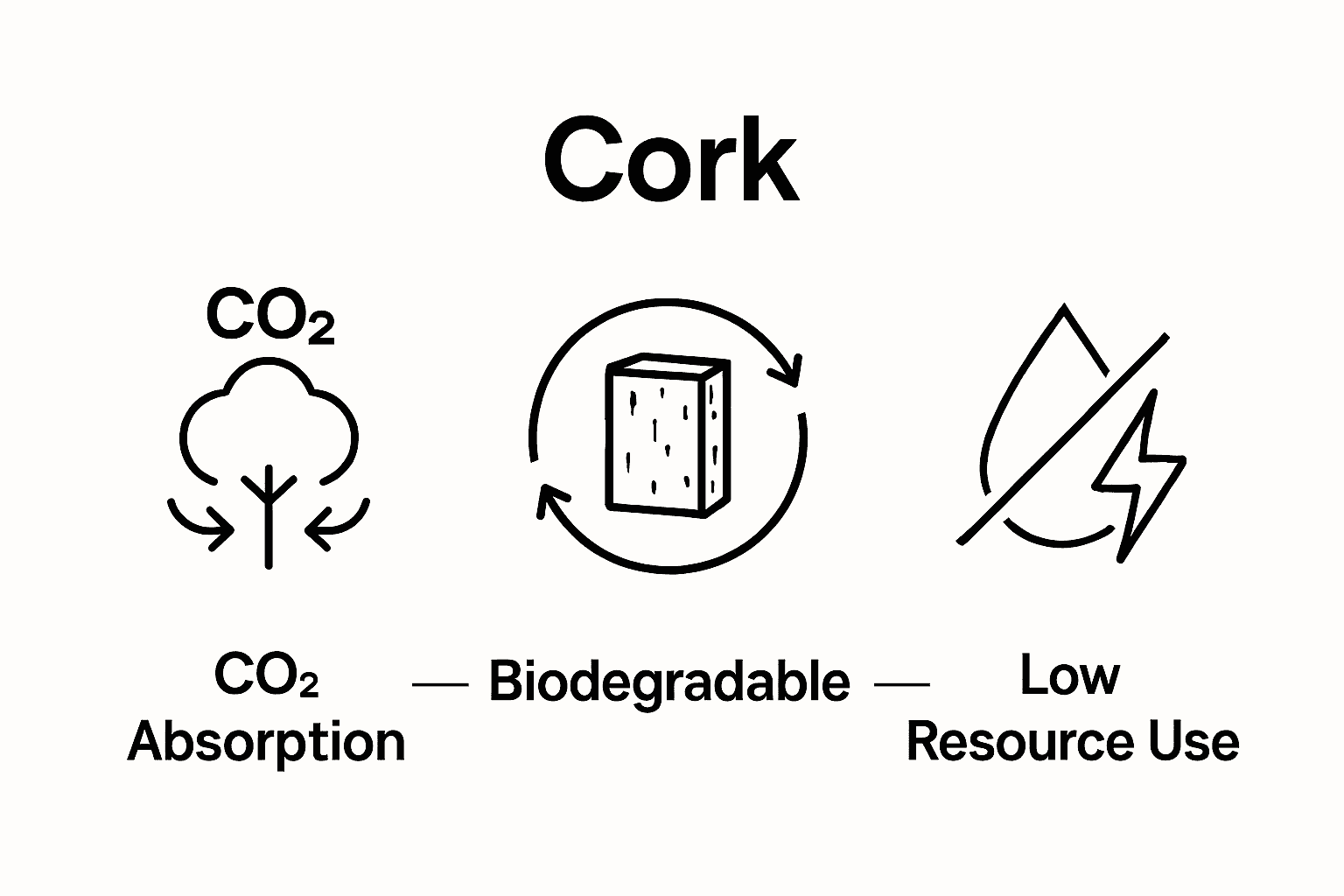 Three-icon comparison showing cork carbon capture, biodegradability, and minimal resource use